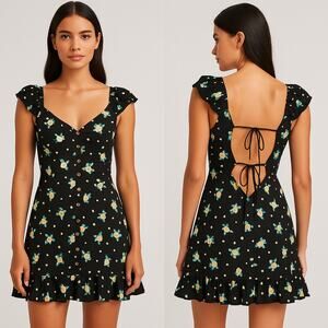 FREE PEOPLE “Like a Lady” Black Floral Mini Dress Size M Open Back, Ruffle Hem